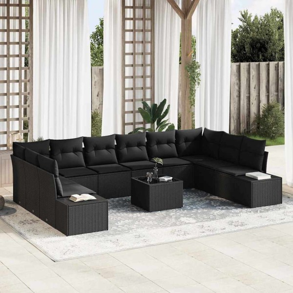 Garden sofa set with pillow 10 pcs Black Polyrattan