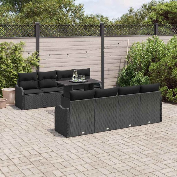 Garden Sofa Set with pillow 9 pcs Black Poly rattan