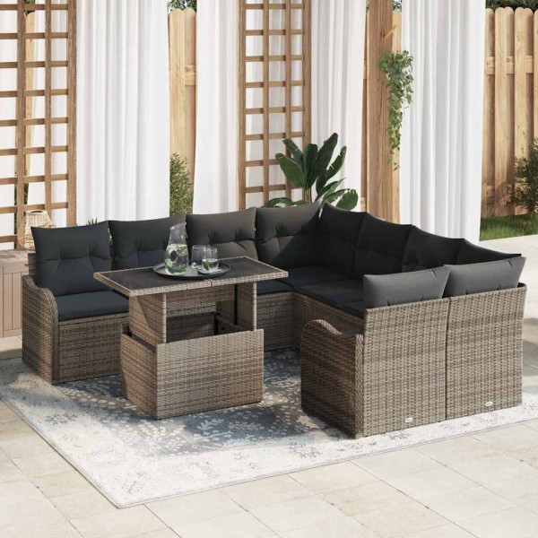 Garden Sofa Set with pillow 9 pcs Gray Polyrattan