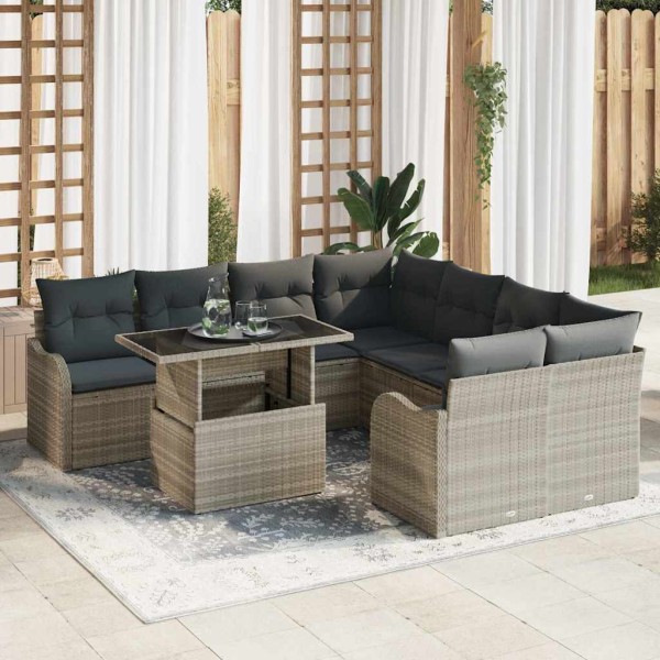 Garden sofa set with pillow 9 pcs Light gray Polyrattan