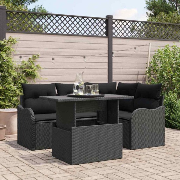 Garden sofa set with pillow 5 pcs Black poly rattan