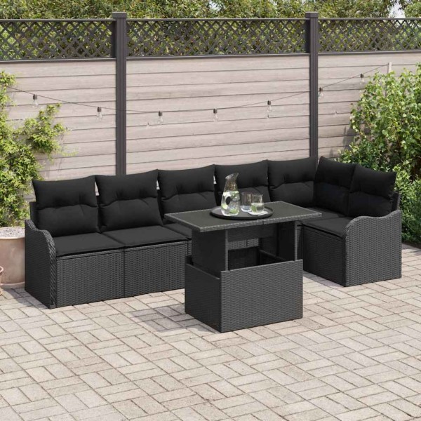 Garden sofa set with pillow 7 pcs Black poly rattan