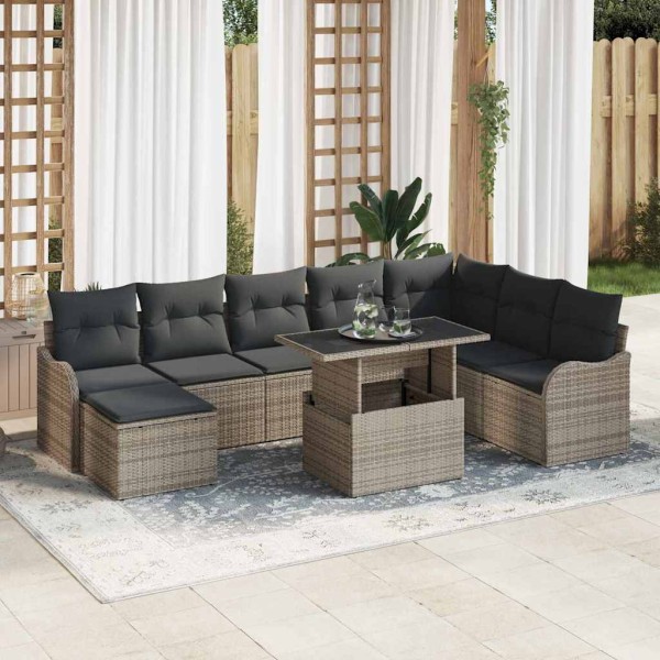 Garden sofa set with pillow 9 pcs Gray poly rattan