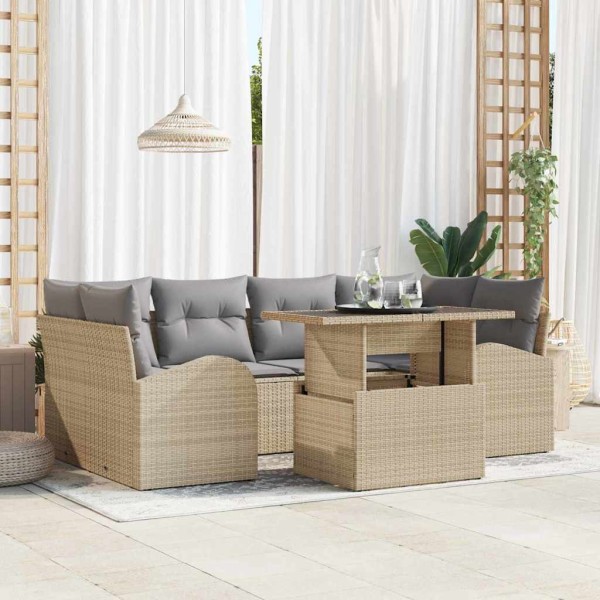 Garden sofa set with pillow 7 pcs Sand poly rattan