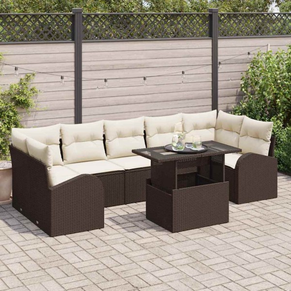 Garden sofa set with cushion 8 pcs Brown poly rattan