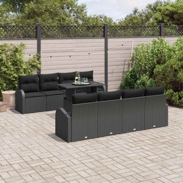 Garden Sofa Set with pillow 9 pcs Black Poly rattan