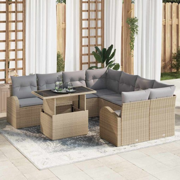 Garden sofa set with pillow 9 pcs Sand poly rattan
