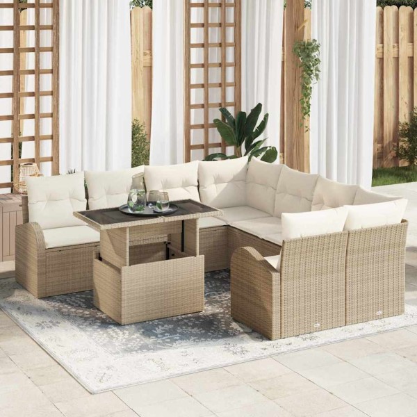 Garden sofa set with pillow 9 pcs Sand poly rattan