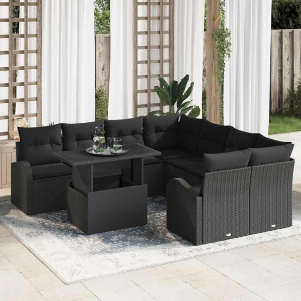 Garden Sofa Set with pillow 9 pcs Black Poly rattan