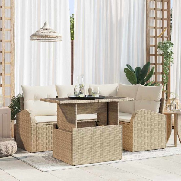 Garden sofa set with pillow 5 pcs Sand poly rattan