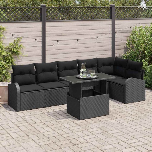 Garden sofa set with pillow 7 pcs Black poly rattan