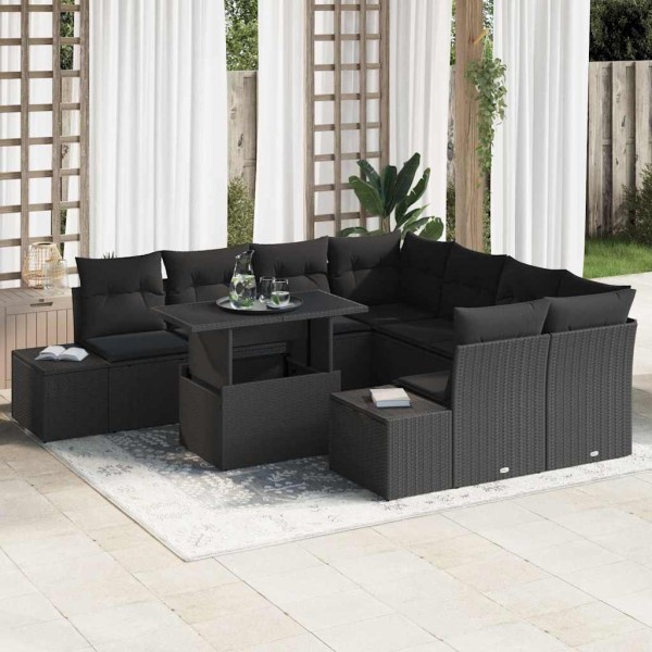 Garden sofa set with pillow 9 pcs Black polyrattan