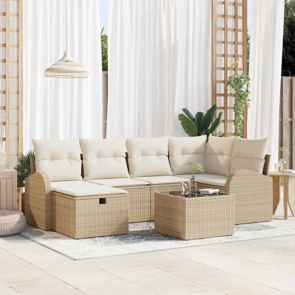 Sofa set with pillow 7 pcs Beige and cream polyrattan
