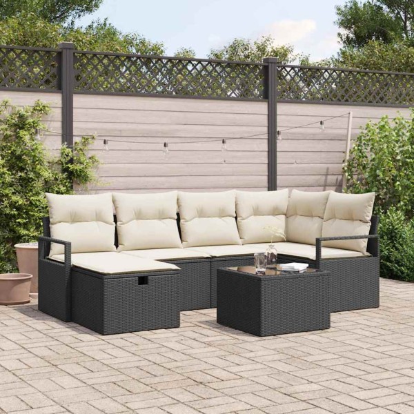Sofa set with pillow 7 pcs Black and cream polyrattan