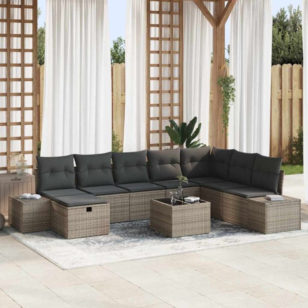 Garden sofa set with pillow 9 pcs Gray poly rattan