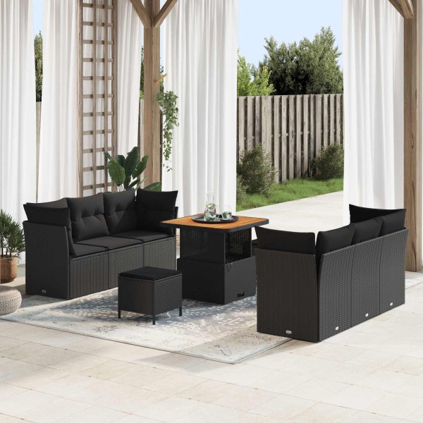Garden sofa set with pillow 9 pcs Black polyrattan