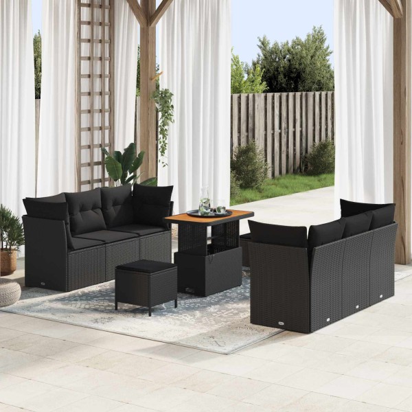 Garden sofa set with pillow 9 pcs Black polyrattan