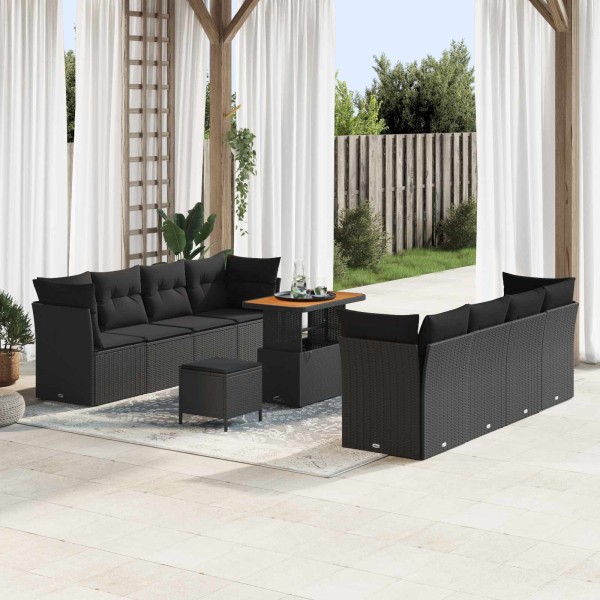 Garden sofa set with pillow 11 pcs Black polyrattan