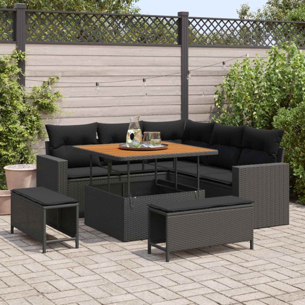 Garden sofa set with pillow 9 pcs Black polyrattan