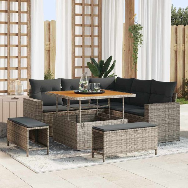 Garden sofa set with pillow 9 pcs Gray polyrattan
