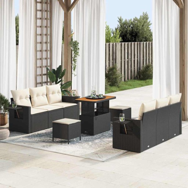 Garden sofa set with pillow 9 pcs Black and cream