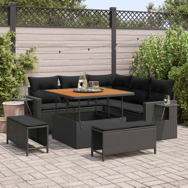 Garden sofa set with pillow 9 pcs Black polyrattan