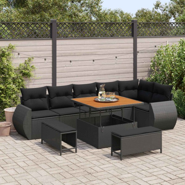 Garden Sofa Set with pillow 9 pcs Black Poly rattan