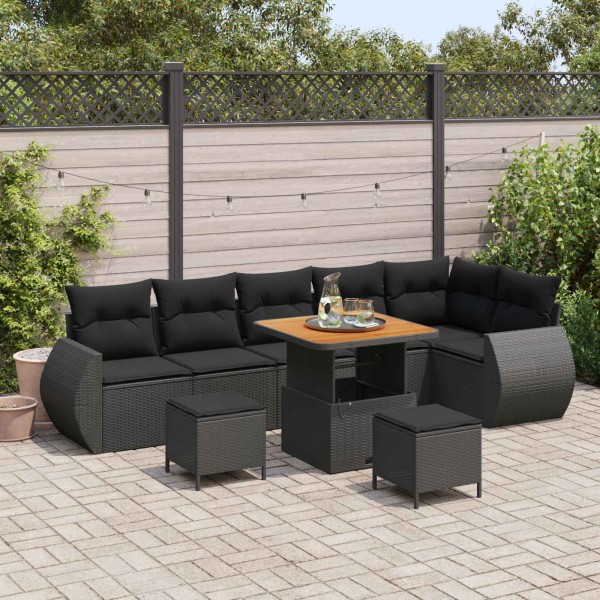 Garden Sofa Set with pillow 9 pcs Black Poly rattan