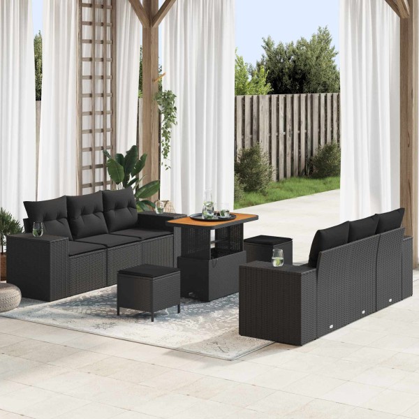 Garden Sofa Set with pillow 9 pcs Black Poly rattan