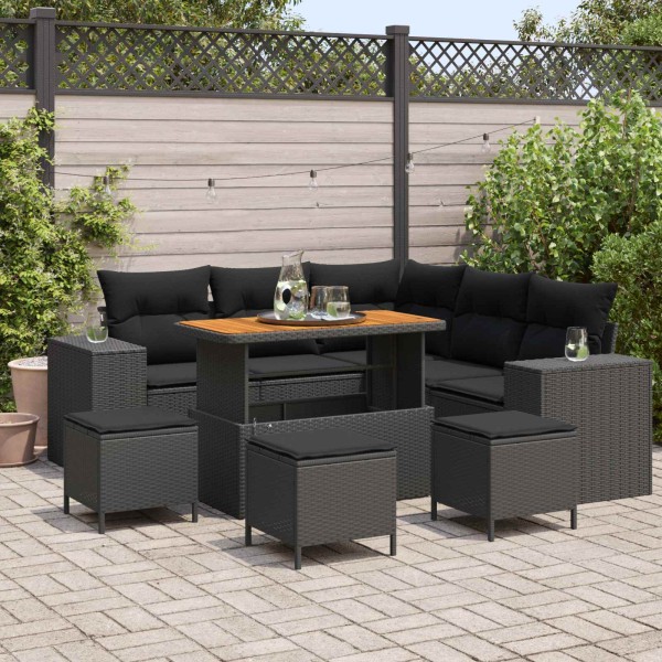 Garden sofa set with pillow 9 pcs Black polyrattan