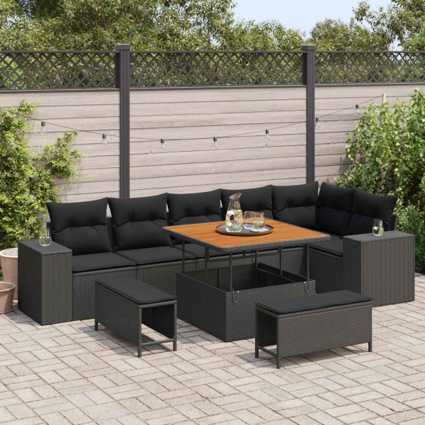 Garden sofa set with pillow 9 pcs Black polyrattan