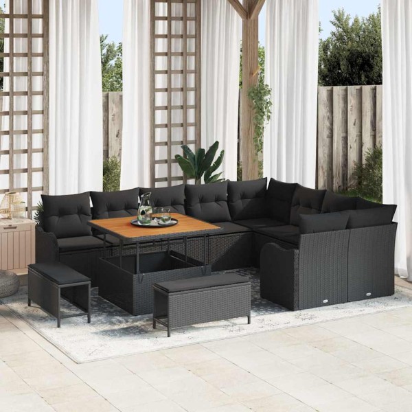 Garden sofa set with cushion and storage 12 pcs Black