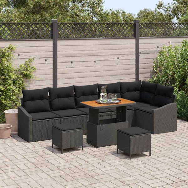 Garden Sofa Set with pillow 9 pcs Black Poly rattan