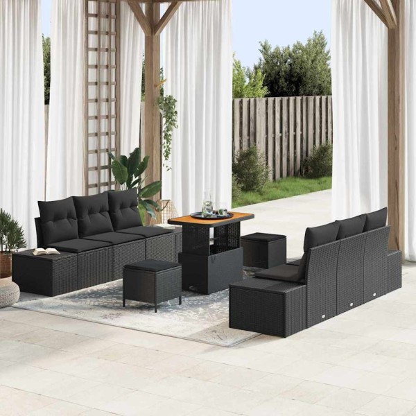 Garden Sofa Set with pillow 9 pcs Black Poly rattan