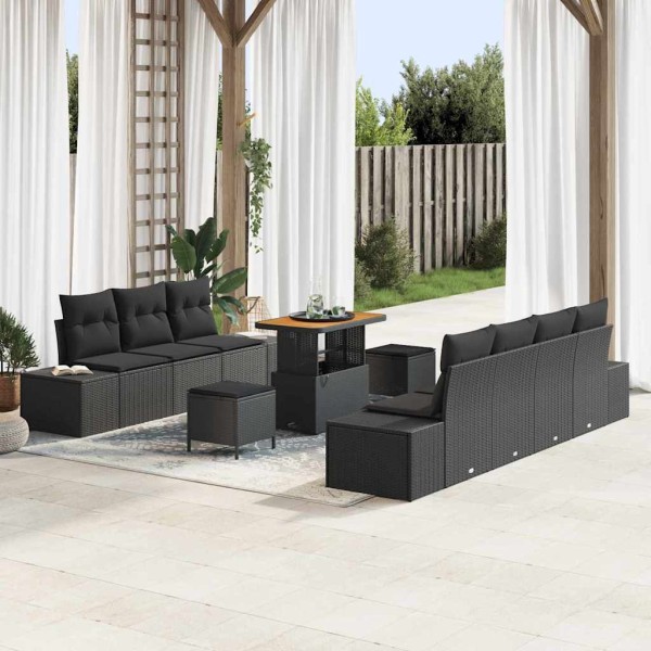 Garden sofa set with pillow 10 pcs Black poly rattan