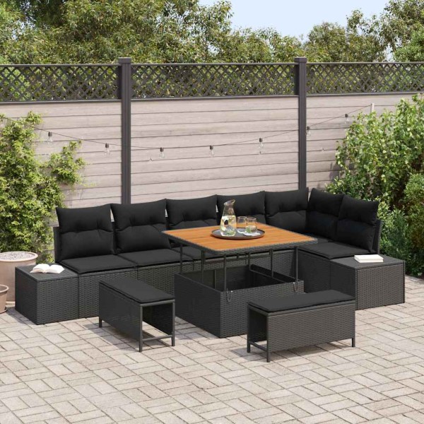 Garden Sofa Set with pillow 9 pcs Black Poly rattan