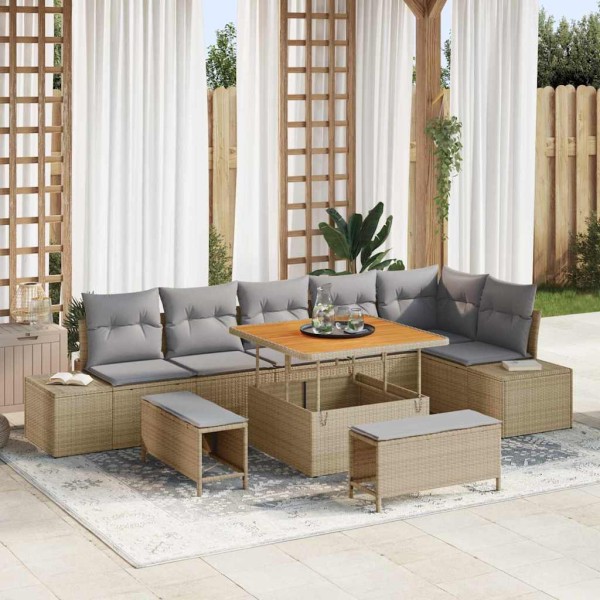 Garden sofa set with pillow 9 pcs Sand poly rattan