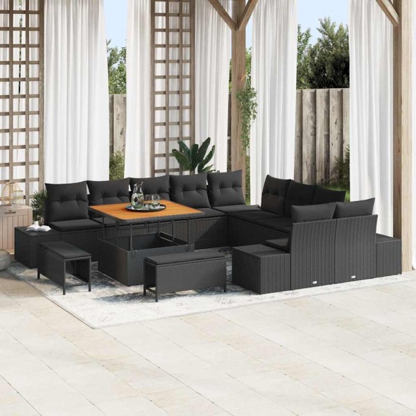 Garden sofa set with pillow 13 pcs Black poly rattan