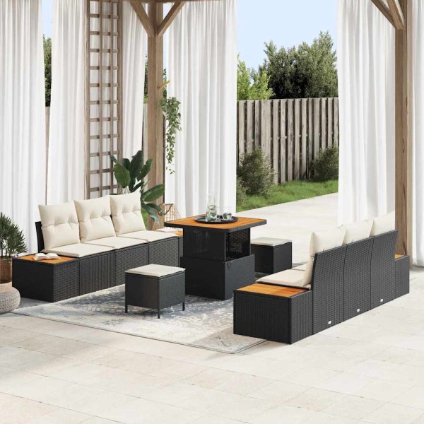 Garden Sofa Set with pillow 9 pcs Black Poly rattan