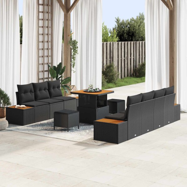 Garden sofa set with pillow 10 pcs Black poly rattan
