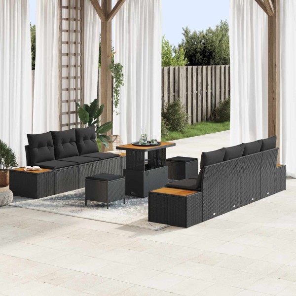 Garden sofa set with pillow 10 pcs Black poly rattan