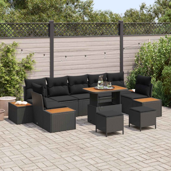 Garden sofa set with pillow 10 pcs Black poly rattan