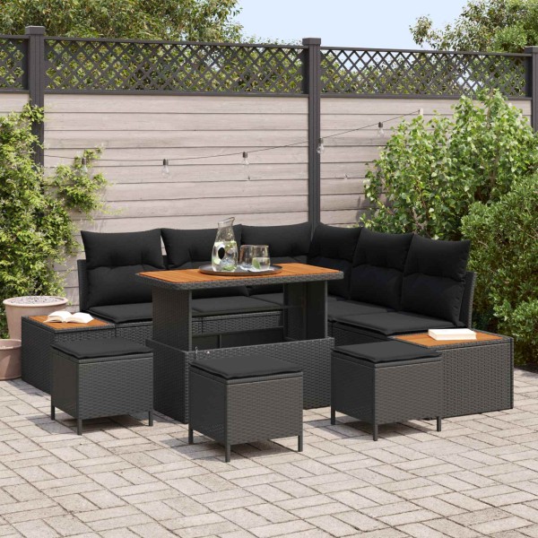 Garden Sofa Set with pillow 9 pcs Black Poly rattan