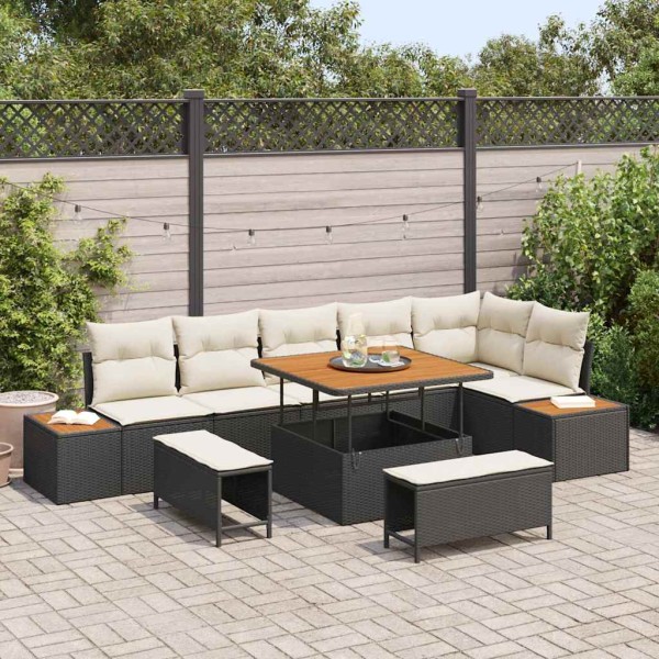 Garden Sofa Set with pillow 9 pcs Black Poly rattan