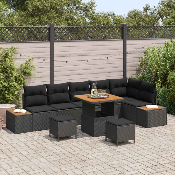 Garden Sofa Set with pillow 9 pcs Black Poly rattan