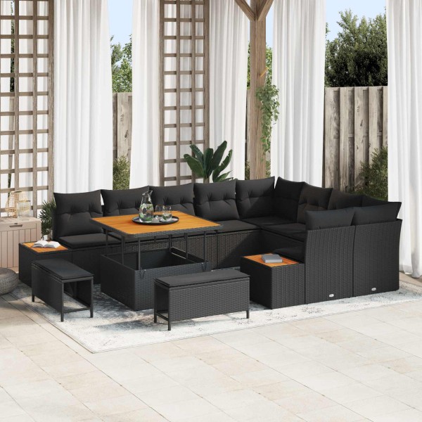 Garden sofa set with pillow 12 pcs Black poly rattan