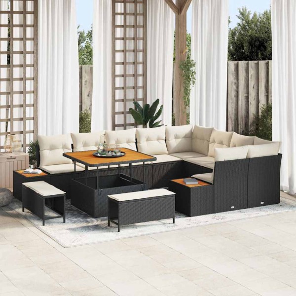 Garden sofa set with pillow 12 pcs Black poly rattan