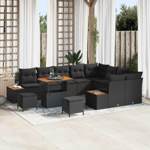 Garden sofa set with pillow 12 pcs Black poly rattan