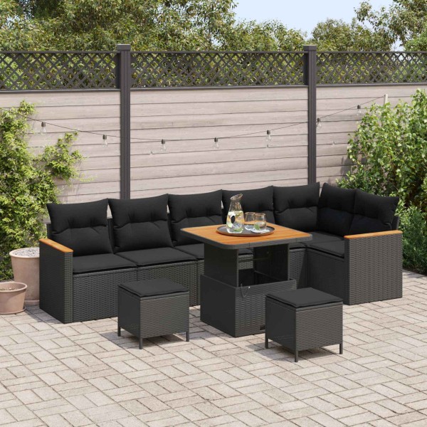 Garden Sofa Set with pillow 9 pcs Black Poly rattan