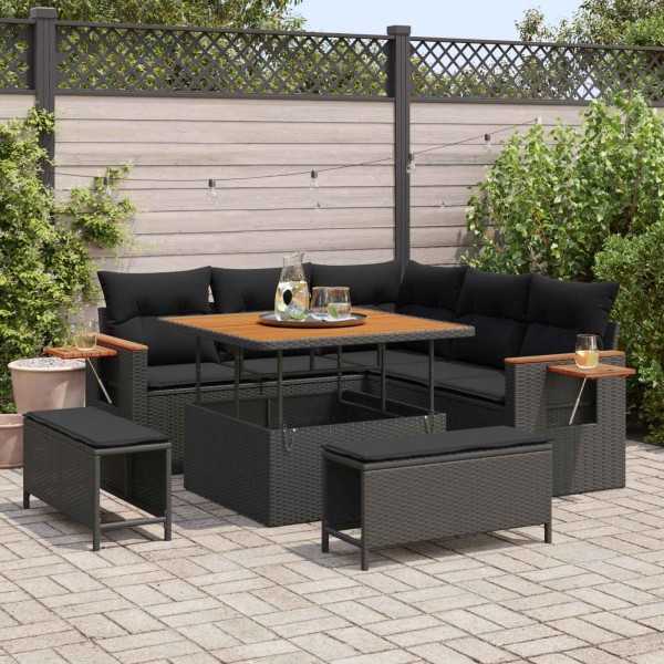 Garden sofa set with pillow 9 pcs Black polyrattan